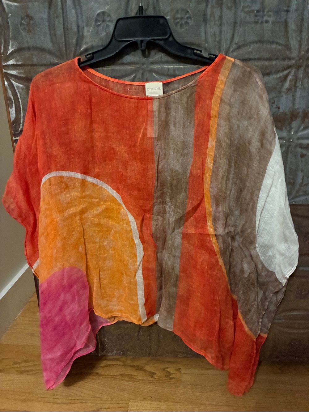 Chicos Relaxed Colorblock Linen Top in Orange and Brown